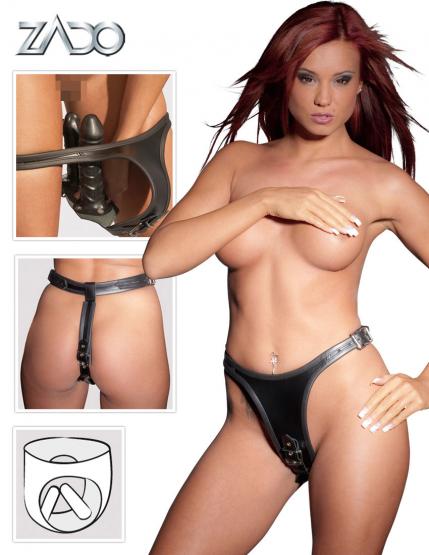 Leder-String mit 2 Dildos Schwarz S/M